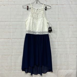 NWT! By & By Spaghetti strap White Lace Navy Blue Flowy Dress